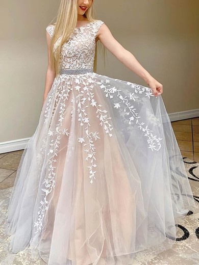 A-line Scoop Neck Tulle Sweep Train Beading Prom Dresses #Favs020108465