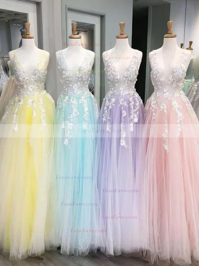 A-line V-neck Lace Tulle Sweep Train Flower(s) Prom Dresses #Favs020108467