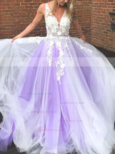 A-line V-neck Lace Tulle Sweep Train Flower(s) Prom Dresses #Favs020108467