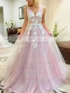 A-line V-neck Lace Tulle Sweep Train Flower(s) Prom Dresses #Favs020108467