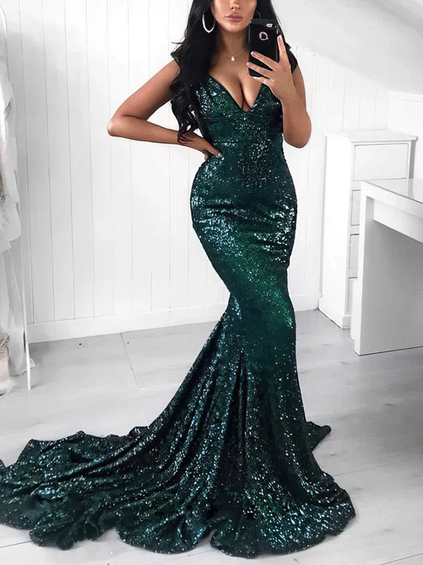 Trumpet/Mermaid V-neck Sequined Sweep Train Prom Dresses #Favs020108354