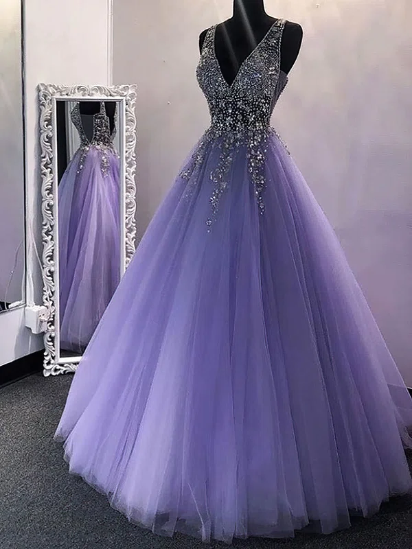 Ball Gown V-neck Tulle Sweep Train Beading Prom Dresses #Favs020108356