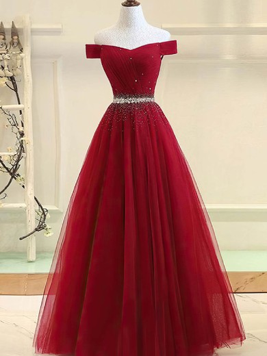 Ball Gown Off-the-shoulder Tulle Sweep Train Beading Prom Dresses #Favs020108371