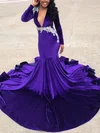 Trumpet/Mermaid V-neck Velvet Sweep Train Appliques Lace Prom Dresses #Favs020108373