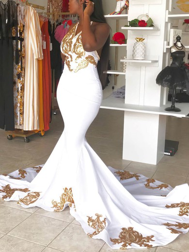 Trumpet/Mermaid Halter Stretch Crepe Sweep Train Appliques Lace Prom Dresses #Favs020108374