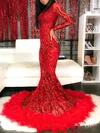 Trumpet/Mermaid High Neck Sequined Sweep Train Feathers / Fur Prom Dresses #Favs020108379