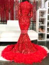 Trumpet/Mermaid High Neck Sequined Sweep Train Feathers / Fur Prom Dresses #Favs020108379