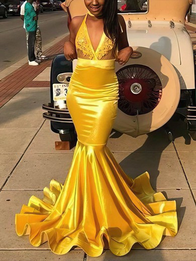 Trumpet/Mermaid Halter Silk-like Satin Sweep Train Appliques Lace Prom Dresses #Favs020108382