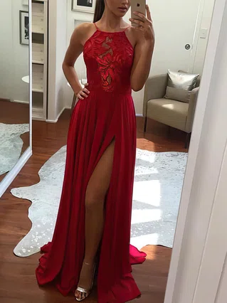 A-line Scoop Neck Lace Chiffon Sweep Train Split Front Prom Dresses #Favs020105340 A-line Scoop Neck Lace Chiffon Sweep Train Split Front Prom Dresses #Favs020105340