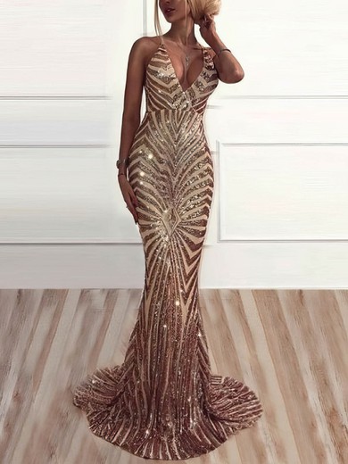 Trumpet/Mermaid V-neck Sequined Sweep Train Prom Dresses #Favs020108383