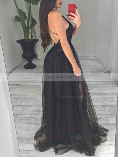 A-line V-neck Tulle Sweep Train Split Front Prom Dresses #Favs020108388
