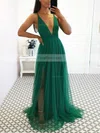 A-line V-neck Tulle Sweep Train Split Front Prom Dresses #Favs020108388