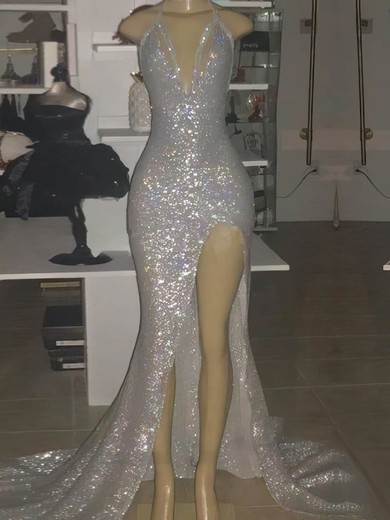 Sheath/Column V-neck Glitter Sweep Train Split Front Prom Dresses #Favs020108550