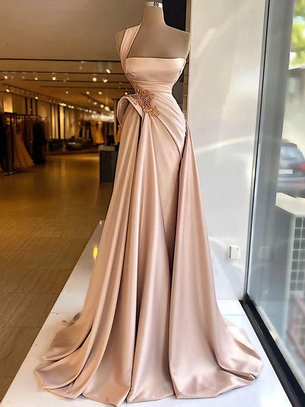 A-line One Shoulder Silk-like Satin Sweep Train Beading Prom Dresses #Favs020108551