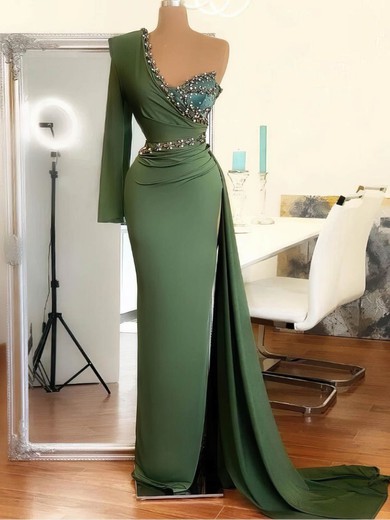 A-line One Shoulder Jersey Sweep Train Beading Prom Dresses #Favs020108558