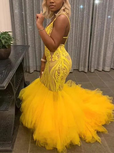 Trumpet/Mermaid V-neck Tulle Lace Sweep Train Prom Dresses #Favs020108563