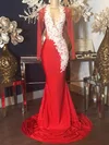 Trumpet/Mermaid V-neck Jersey Tulle Sweep Train Appliques Lace Prom Dresses #Favs020108565