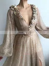 A-line V-neck Sequined Sweep Train Sashes / Ribbons Prom Dresses #Favs020108572