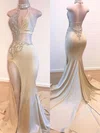 Trumpet/Mermaid Halter Silk-like Satin Sweep Train Beading Prom Dresses #Favs020108573