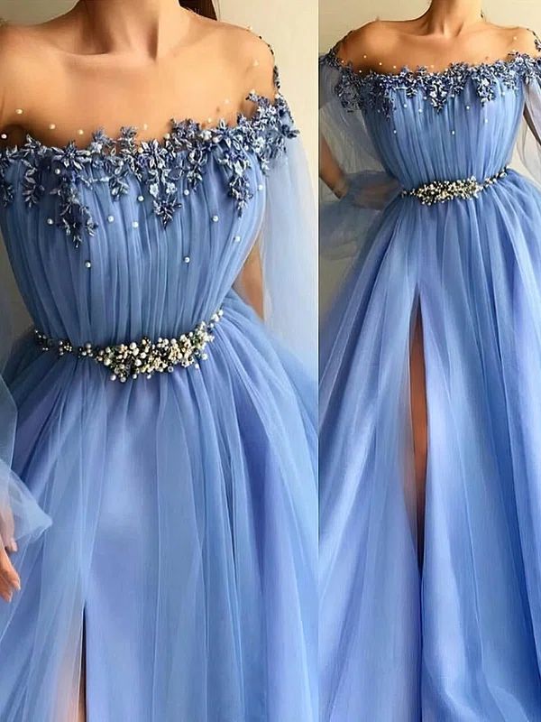 A-line Off-the-shoulder Tulle Sweep Train Beading Prom Dresses #Favs020108574