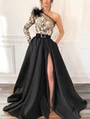 A-line One Shoulder Tulle Silk-like Satin Sweep Train Appliques Lace Prom Dresses #Favs020108592