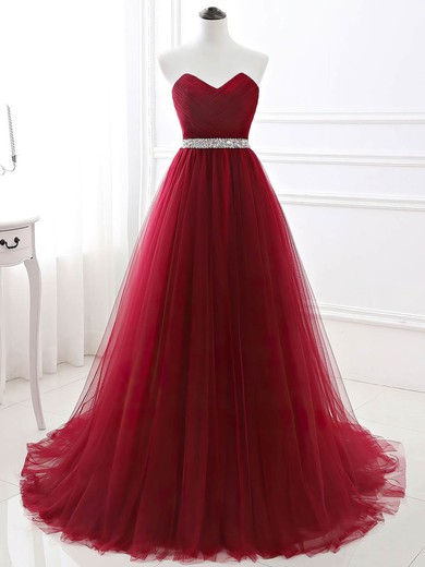A-line Strapless Tulle Sweep Train Sashes / Ribbons Prom Dresses #Favs020108594
