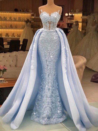 Trumpet/Mermaid Scoop Neck Lace Satin Detachable Beading Prom Dresses #Favs020108595
