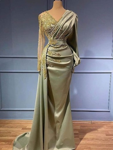 Trumpet/Mermaid V-neck Silk-like Satin Sweep Train Beading Prom Dresses #Favs020108596
