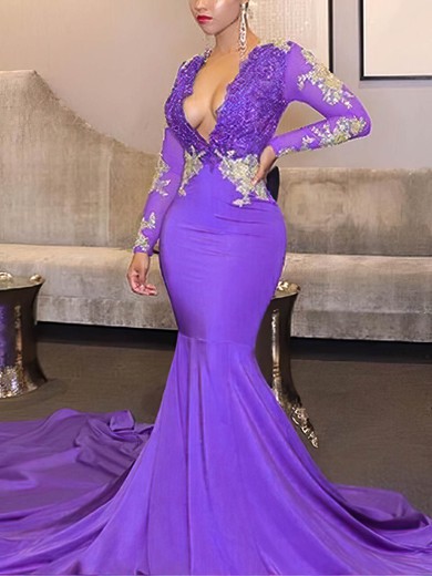 Trumpet/Mermaid V-neck Silk-like Satin Sweep Train Appliques Lace Prom Dresses #Favs020108599