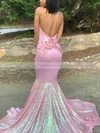 Trumpet/Mermaid Halter Sequined Jersey Sweep Train Flower(s) Prom Dresses #Favs020108602