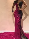 Trumpet/Mermaid One Shoulder Glitter Sweep Train Appliques Lace Prom Dresses #Favs020108604