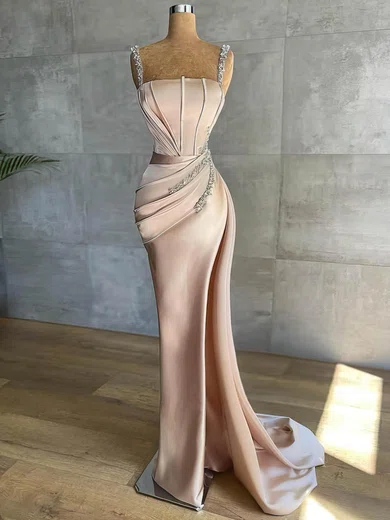 Trumpet/Mermaid Square Neckline Silk-like Satin Sweep Train Beading Prom Dresses #Favs020108612