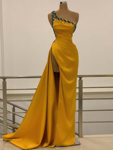 Sheath/Column One Shoulder Silk-like Satin Sweep Train Beading Prom Dresses #Favs020108615