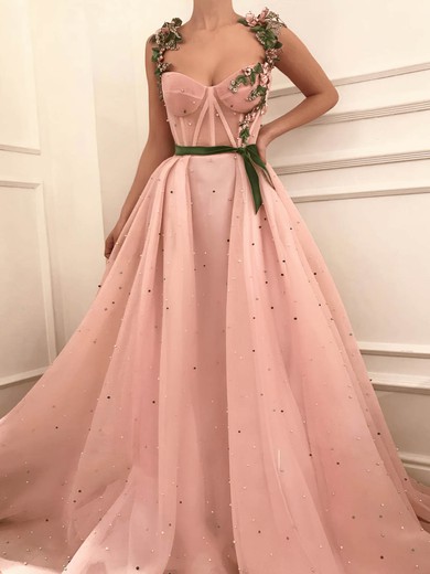 A-line Sweetheart Tulle Sweep Train Beading Prom Dresses #Favs020108617
