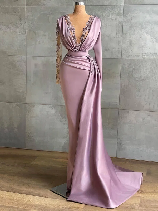 Trumpet/Mermaid V-neck Silk-like Satin Sweep Train Appliques Lace Prom Dresses #Favs020108618