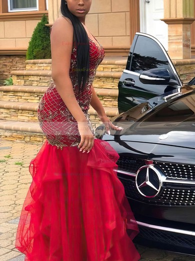 Trumpet/Mermaid V-neck Tulle Sweep Train Appliques Lace Prom Dresses #Favs020108620