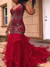 Trumpet/Mermaid V-neck Tulle Sweep Train Appliques Lace Prom Dresses #Favs020108620
