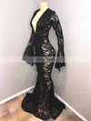 Trumpet/Mermaid V-neck Lace Sweep Train Appliques Lace Prom Dresses #Favs020108627