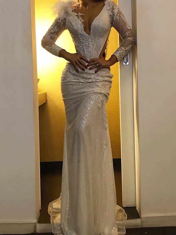 Trumpet/Mermaid V-neck Glitter Sweep Train Appliques Lace Prom Dresses #Favs020108630