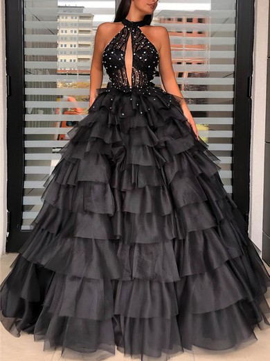Ball Gown High Neck Tulle Sweep Train Beading Prom Dresses #Favs020108635