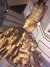Trumpet/Mermaid High Neck Silk-like Satin Sweep Train Beading Prom Dresses #Favs020108640