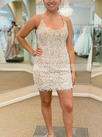 Sheath/Column Square Neckline Tulle Lace Short/Mini Appliques Lace Short Prom Dresses #Favs020108649