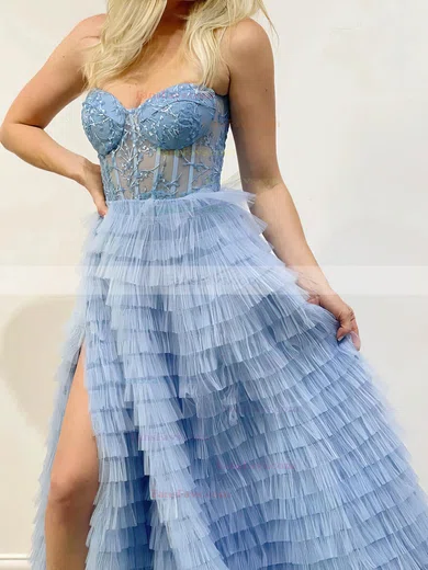 A-line Sweetheart Tulle Sweep Train Appliques Lace Prom Dresses #Favs020108650
