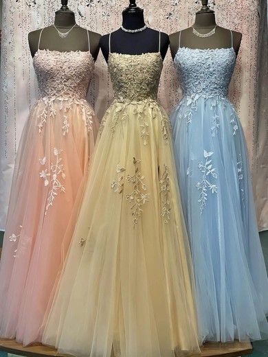 A-line Square Neckline Tulle Lace Sweep Train Appliques Lace Prom Dresses #Favs020108651