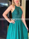 A-line Halter Chiffon Sweep Train Appliques Lace Prom Dresses #Favs020108653