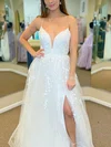 A-line V-neck Lace Chiffon Tulle Sweep Train Appliques Lace Prom Dresses #Favs020108655
