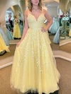 A-line V-neck Lace Tulle Sweep Train Appliques Lace Prom Dresses #Favs020108660