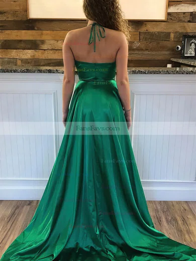 A-line Halter Silk-like Satin Sweep Train Pockets Prom Dresses #Favs020108661