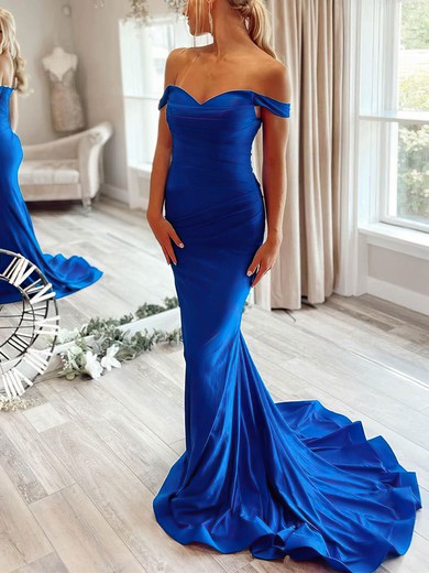 Trumpet/Mermaid Off-the-shoulder Silk-like Satin Sweep Train Ruffles Prom Dresses #Favs020108662