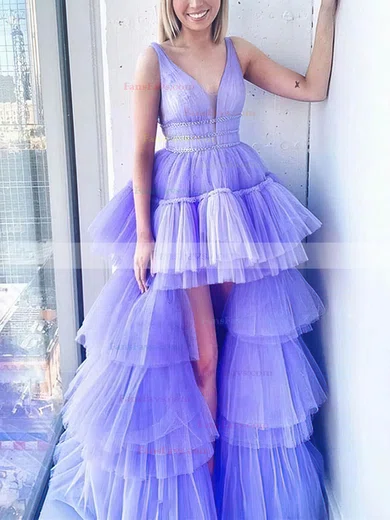 A-line V-neck Tulle Asymmetrical Tiered Prom Dresses #Favs020108663
